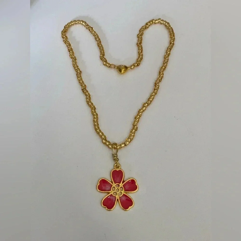 Handmade Red & Gold Resin Flower Necklace